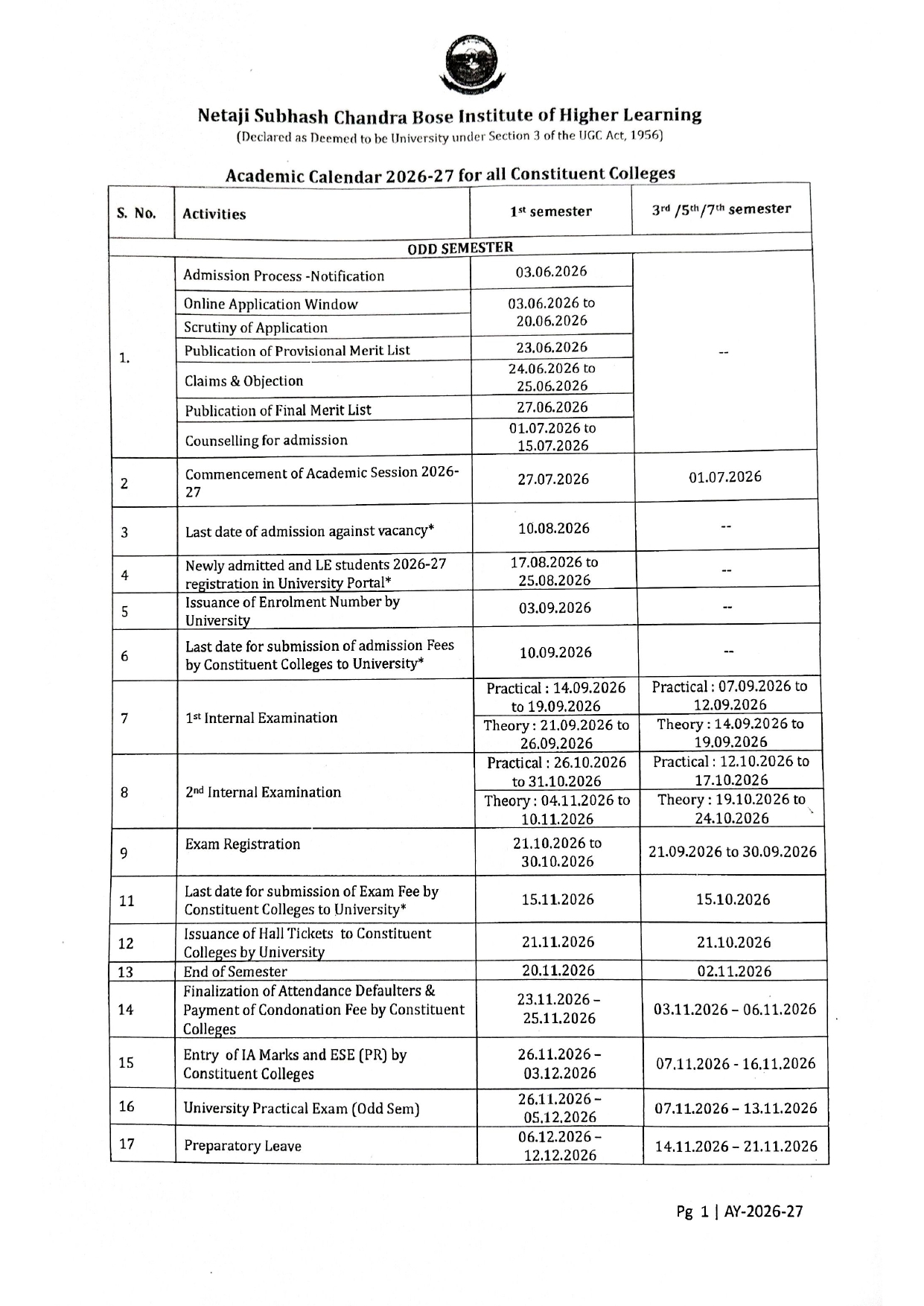 Academic Calendar – Page 1
